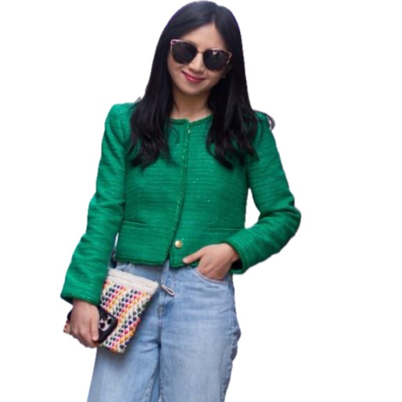 J. Crew Louisa Lady Summer Green Sequin Tweed Knit Gold Button Jacket | Size 6 - Picture 3 of 16